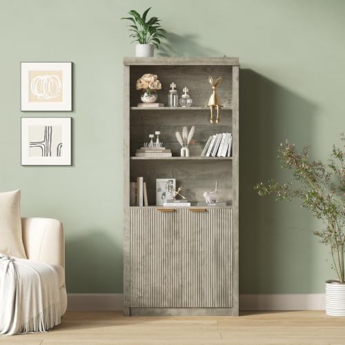 Garvee 71' Tall Bookshelf with Fluted Doors, 5 Tier Bookcase Display Shelves with Storage Cabinet & Adjustable Shelf, Mid-Century Modern Bookshelves for Home Office, Living Room, Oak