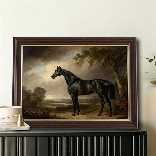 Image of Framed Vintage Black Horse Canvas Wall Art, Antique Equestrian Oil Painting Canvas Prints Pictures, Classic Farmhouse Wall Decor for Living Room Bedroom Office Man Cave
