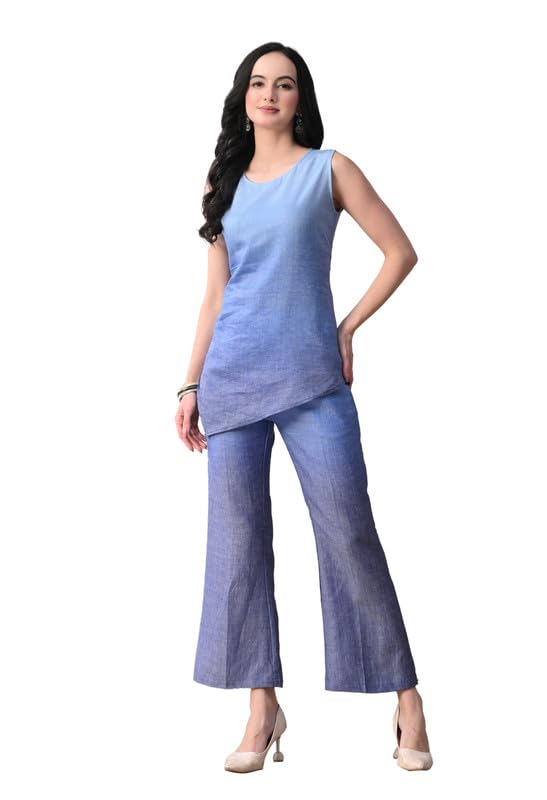 kiza Women Blue Linen Co-ord Set Sleeveless Tunic Top & Straight Pants | Breathable Summer Wear Ombre Dyed Cord Set | Casual Office Wear Stylish Two Piece Outfit-picture-33