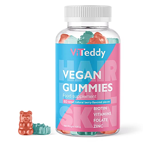 Viteddy Gominolas de Biotina Complex | Zinc, Biotine y Vitaminas A, B5, B6, B12, C, D, E | Gummies Sabor a Arándano y Frambuesa | Vegetarianas | Para Cabello y Uñas Saludables - 60 pzs