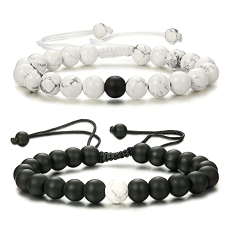 KALVICA 2 Pièces Bracelet Couple Distance pour Femmes Hommes Bracelet Couple Amoureux avec Noir Mat Agate & White 8 mm Bracelet Perles Pierre Naturelle Bracelet Amitié Bijoux Couple Cadeau Cover