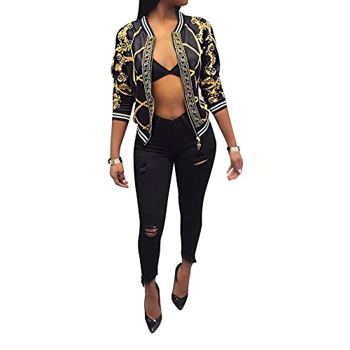 Womens Fashion Vintage Gold Chain Print Short Bomber Jacket Coat