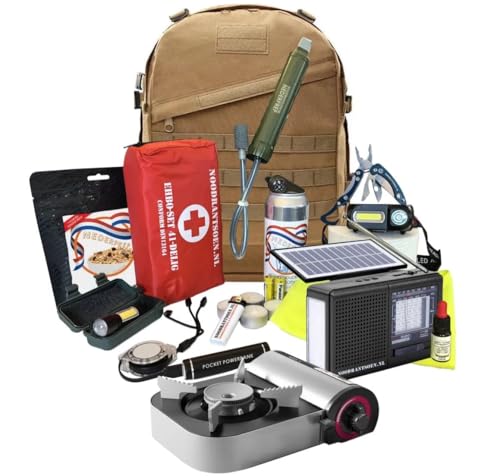 Kit de supervivencia de lujo – Completo con alimentos, agua, radio solar, filtro de agua, lámpara y más