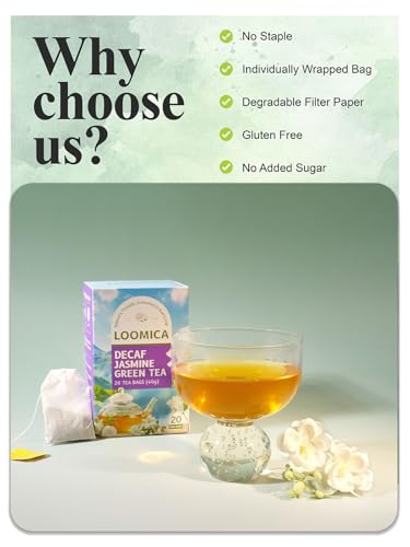 Image of LOOMICA Decaf Jasmine Green Tea, Decaffeinated, Smooth & Refreshing Jasmine Green Tea Bags, Naturally Fragrant with Fresh Blossoms, Perfect for Relaxation & Daily Enjoyment, 20 Counts