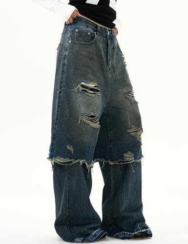 Men Baggy Jeans Y2k Wide Leg Distressed Ripped Jeans Hip Hop Vintage Denim Pants Streetwear2