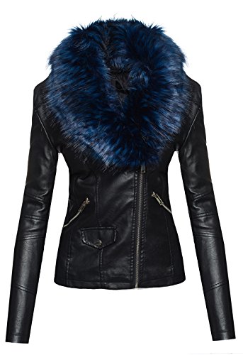 Rock Creek Selection Elegante Damen Kunstleder Jacke Biker Jacke XXL Fellkragen übergangsjacke D-221 [1601 Blau Gr. S]
