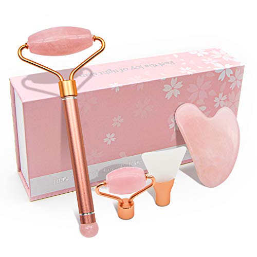 Jade Roller and Gua Sha, Face Roller Kit for Women,Natural Rose Quartz Massager for Face,Eyes,Neck,Reduce Swelling and Anti Wrinkle, Noiseless and Magnetic Suction