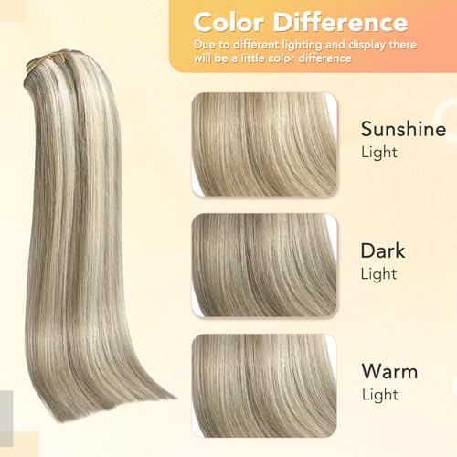 Clip in Hair Extensions Blonde Highlighted Human Hair Balayage Hair Extensions Mixed Bleach Blonde 15 inch 70g Fine Hair Full Head Silky Straight 100% Human Hair Clip In Extensions