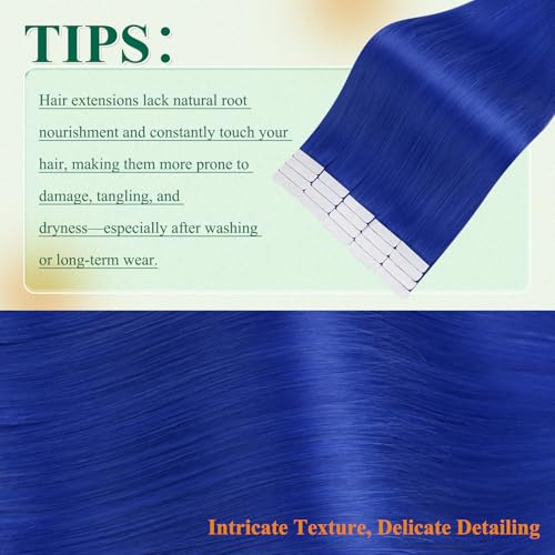 Image of Easyouth Tape in Hair Extensions Real Human Hair Blue Seamless Tape in Hair Extensions Human Hair Colored Tapes in Hair Extensions Real Human Hair 16 Inch 25G 10Pcs
