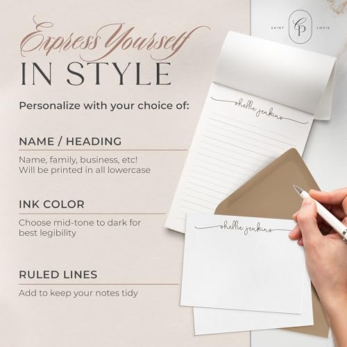 Image of Personalized Stationery Set, A2 Flat Custom Note Cards with Envelopes & Stationary Notepads for Women & Men, Script Font Custom Stationery for Notes, To Do Lists and Gift - Swash Pad & Flat Set