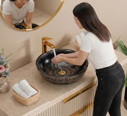 Image of BASSINO 16.5x16.5x5 Inches Moroccan Table Top Wash Basin /Matte Black Bowl Sink for Bathroom /Vanity sink /Handcrafted Flower Shape Countertop Washbasin for Office /Hotel(Matt)