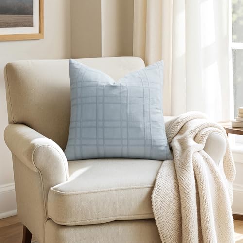 Image of MIULEE Decorative Linen Check Throw Pillow Covers Neutral Farmhouse Vintage Pillow Covers 18x18 Set of 2 Boho Modern Home Decor for Sofa Couch Bedroom Cushion Coastal Blue