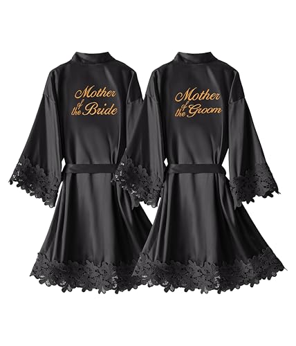 Image of Crystal Dew 2 Pcs Mother of the Bride Groom Robe with Lace Trim Embroidery Bridal Satin Kimono Robes for Wedding Day