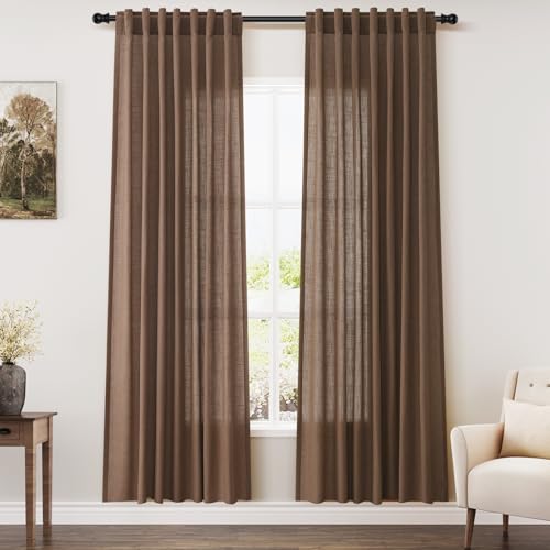 Image of Linen Curtains 72 Inch for Living Room Back Tab Caramel Brown
