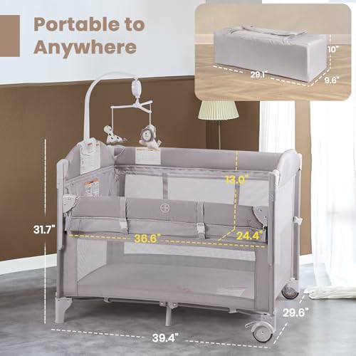 Baby Bassinets Bedside Sleeper, 4 in 1 Portable Bedside Crib w/Mattress, Diaper Changer, Storage Basket, Music Box, Carry Bag, Foldable Playard Sleeper for Newborn (Light Gray) - Image 3