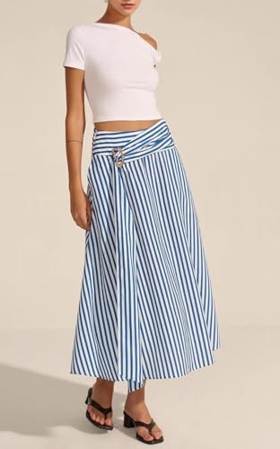 CHARTOU Women Summer Stripes Maxi Skirt Cross High Waist Metal Button Flowy A Line Skirt4