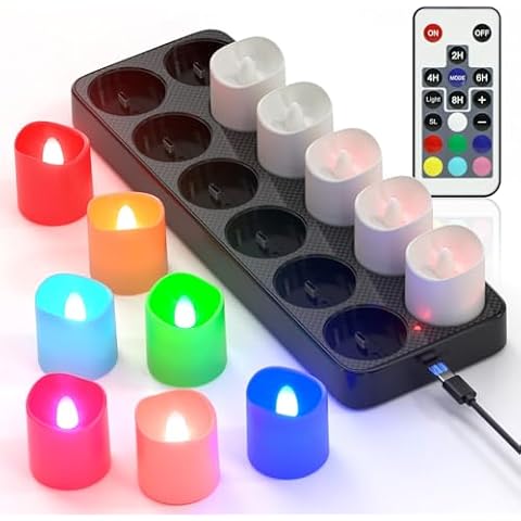 PChero Flameless Candles with Remote Timer & Charging Station, 12 Pack USB Rechargeable RGB LED Tea Lights Colored Color Changing Battery Votive Candles for Halloween Christmas Home Party Decor Cover