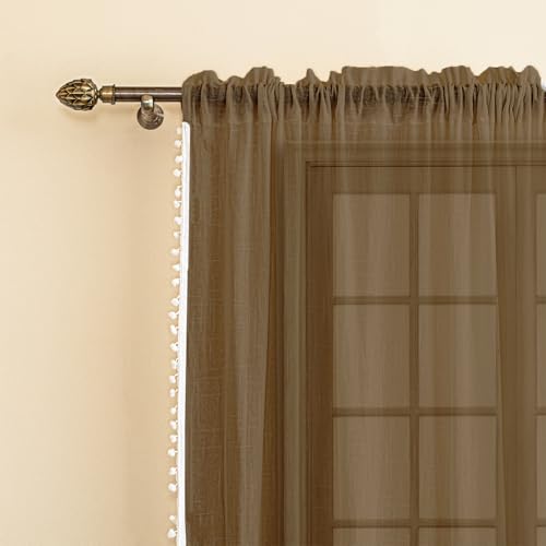Image of HOMEMONDE Sheer 8 Feet Curtains with Decorative Side Border Pompom Curtain for Long Door, Linen Textured Light Filtering, Rod Pocket - 1 Piece - (96 Inch, Dark Brown)