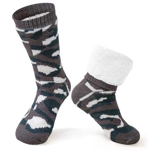 YEEKAORA Mens Slipper Socks with Non-Slip Grippers Thermal Fuzzy Warm Sherpa Lining Thick Indoor Sleeping Christmas Socks (Camouflage Dark Grey)