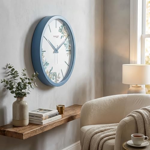 Image of RANDOM Navy Blue Plastic Flower Print Sweep Silent Round Battery Operated Analog Wall Clock for Home Office, Living Room, 30 cm