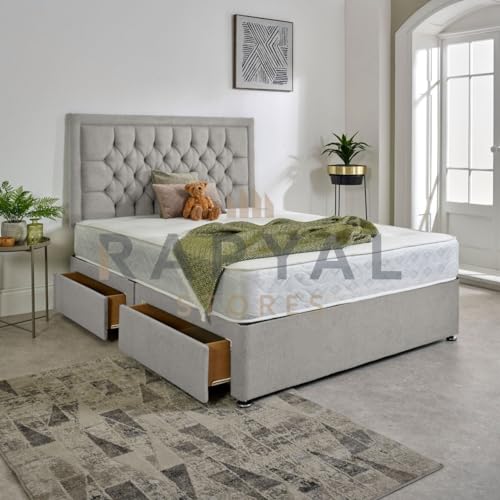 Hf4you Luxury Divan Bed Set in Plush with Chesterfield Bumper Headboard and Memory Sprung Mattress (Silver, 4ft6, 2 Drawers Same Side)