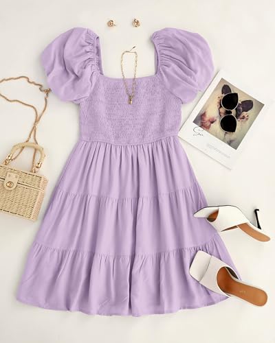 Image of ZESICA Women's Boho 2026 Summer Square Neck Puff Sleeve Off Shoulder Smocked Tiered Casual A Line Short Mini Dress