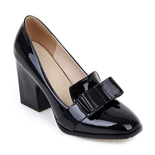 MIOKE Women's Fashion Chunky High Block Heel Pumps Square Toe Bowtie Patent Leather Slip-On Dress Shoes