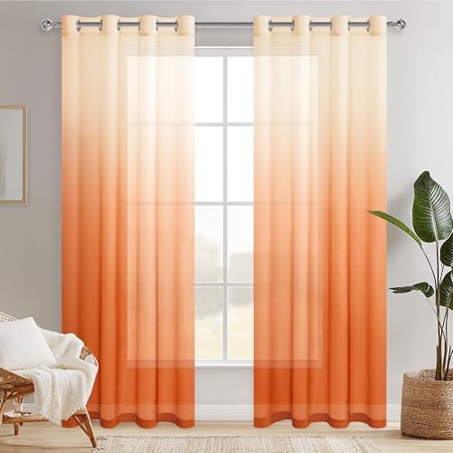 Hiasan Lot de 2 Voilages Rideaux Dégradé à Oeillet de Fenêtre en Polyester de Couleur Changée Voile Ombre Demi-Transparent Décor pour Salon Chambre...