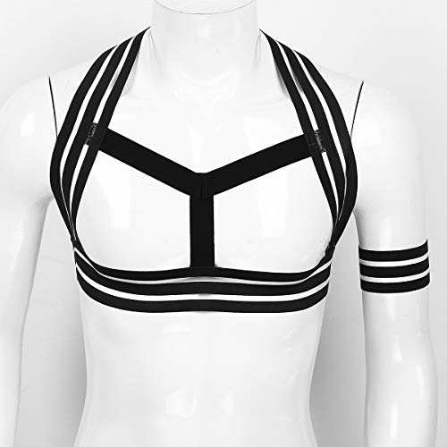 FEESHOW Mens Elastic Striped Shoulder Straps Body Chest Harness Belt Muscles Straps with Armband Club Wear Costume Black One Size2