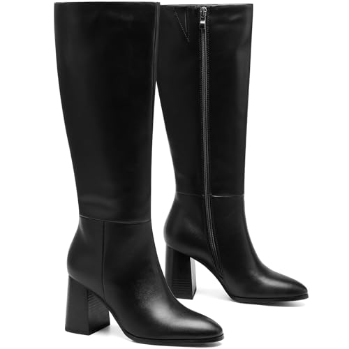 Women’s Knee High Boots Round Toe Chunky Heel Faux Leather Tall Riding Boots with Side Zipper3