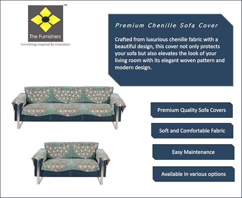 Image of Premium Chenille Woven Anti-Slip 3 Seater + 2 Seater Sofa Cover with Arm Rest | L-Shape Sofa Seat Protector for Living Room | Durable & Stylish Slipcover - Teal Phoolkari