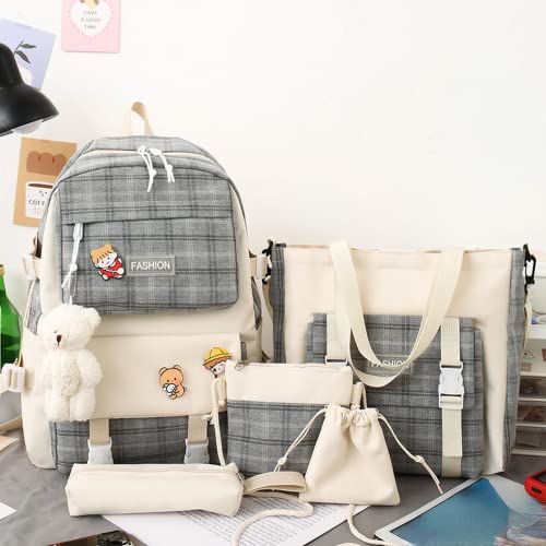 Aobiono 5Pcs Kawaii Plaid Backpack Set Aesthetic Preppy Cute Check with Pins Bear Pendant Light Academia School Supplies Kit2