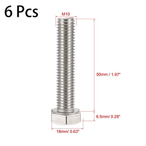 Image of 6 Pcs M10 Hex Bolt M10-1.5 x 50mm UNC Hex Head Screw Bolts A2-70(304) Stainless Steel Fully Threaded Hex Tap Bolts,Plain Finish,Fully Threaded (M10 x 50mm)