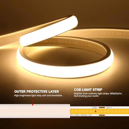 YeahBoom 5M COB LED Streifen,220V Direktanschluss mit Eurostecker,Warmweiß 3000K,Hohe Dichte Flexibler Wasserdicht LED Strip,für Schlafzimmer Schrank Zuhause Party Dekoration