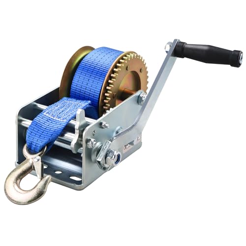 FreeTec Handseilwinde mit 10m Gurtband 2500LbS, Seilwinde mit Bremse für Werkstatt, Garage, Anhänger, Gurtwinde für Boote, Anhänger, Fahrzeuge, LKW, Karawanen