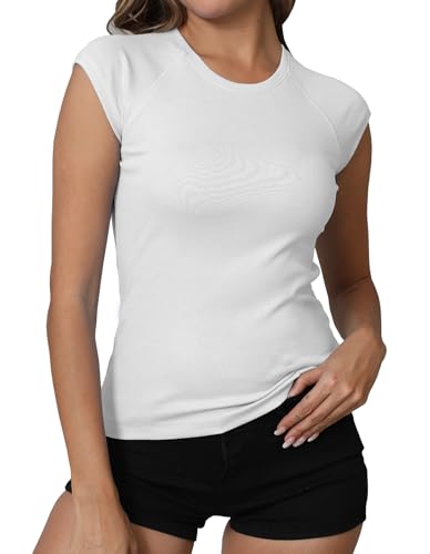 Dwnval Womens Cap Sleeve Crew Neck Shirts Y2K Slim Fit Ribbed Knited Crop Tops 2025 Summer