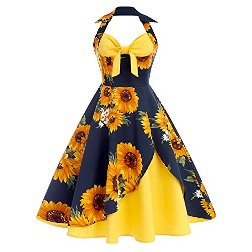 Women 50s Vintage Cocktail Swing Dress Halter Tie Knot Front Retro 1950s Audrey Hepburn Rockabilly Prom Dress Fake Two Piece Color Block Apron Wedding Party A line Evening Dress Yellow Sunflower S