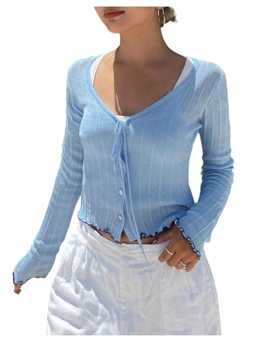 SweatyRocks Women's Tie Front Crop Cardigan Long Sleeve Button Up Lightweight Cardigans Outwear