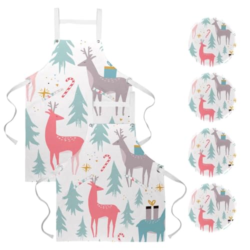 Lot de 2 tabliers de cuisine Renne de Noël avec poches pour bistrot
