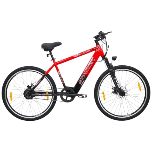 Image of Stryder E-Vibe 27T Electric Cycle for Men & Women (5.2-6 Ft) | 250W BLDC Motor | 36V 8.7Ah Li-ion Battery | Dual Disc Brakes | Front Suspension | USB Charging | Password Display | E-Bike (Red)