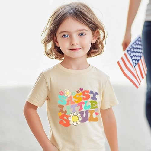 Image of Toddler Girls T Shirts Sassy Little Soul Graphic Short Sleeve Shirts 2-7 Years Cotton Baby Girl Retro Daisy Tees Clothes