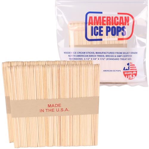 Food Grade Popsicle Sticks Bulk Pack 100 250 500 1000 Count by American Ice Pops Wood Ice Cream Sticks for Treats Small Wooden Sticks Natural Brown Palitos para Paletas 4.5 Inch Made in USA (100)