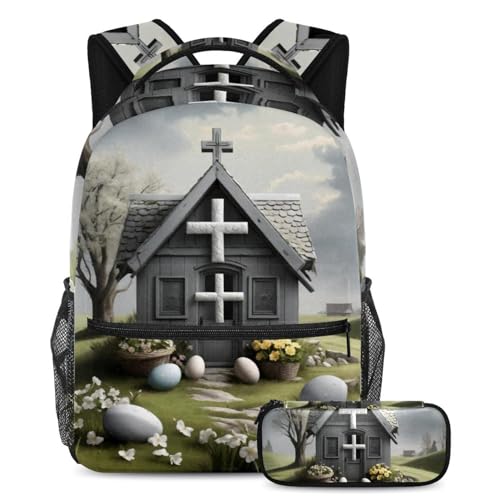 Sac à dos pour garçons filles ados avec trousse design maison de Pâques multicolore
