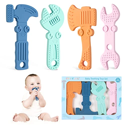 Image of TYRY.HU Baby Teething Toys for Babies, Baby Teether Toys, BPA Free Silicone Baby Molar Teether Chew Toys, Hammer Wrench Spanner Pliers for Boys Girls, Soft-Textured, Easy to Hold & Clean, 4 Packs