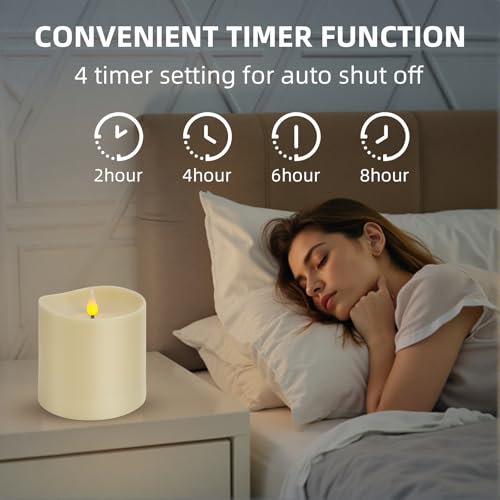 Image of Flameless LED Candle with Remote, 4x4 Inch Battery Operated Plastic Pillar Candle, Realistic Flickering Flame, Timer & Brightness Control, Ivory - Safe for Kids & Pets, Great for Home & Holiday Decor