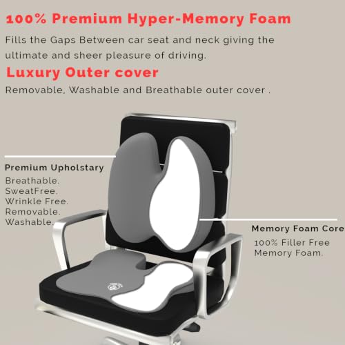 Image of MRRON Car Seat and Coccyx Pillow Kit Memory Foam Back Support and Siting Cushion Ergonomic Adjust Sitting Position Relief Pain for Car or Office Chair (Grey, Backpro)