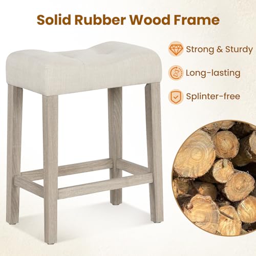 Image of Giantex 24 inch Bar Stools Set of 4, Upholstered Counter Height Saddle Bar Stools with Footrest and Wood Legs, Farmhouse Button Tufted Backless Barstools for Kitchen Island, Dining Room, Cafe, Beige