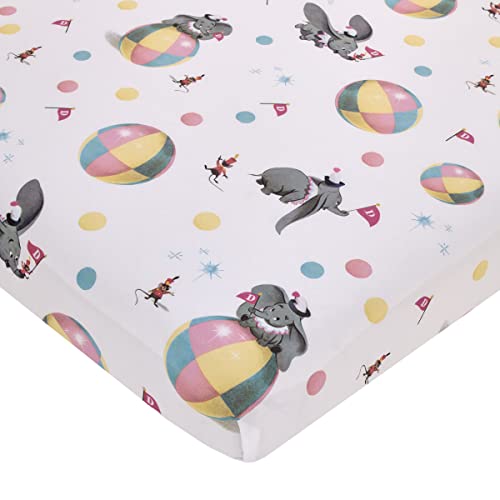 Image of Disney Vintage Dumbo - Gray, White and Multi-Colored Circus Flags, Balls and Timothy Mouse Nursery Fitted Mini Crib Sheet