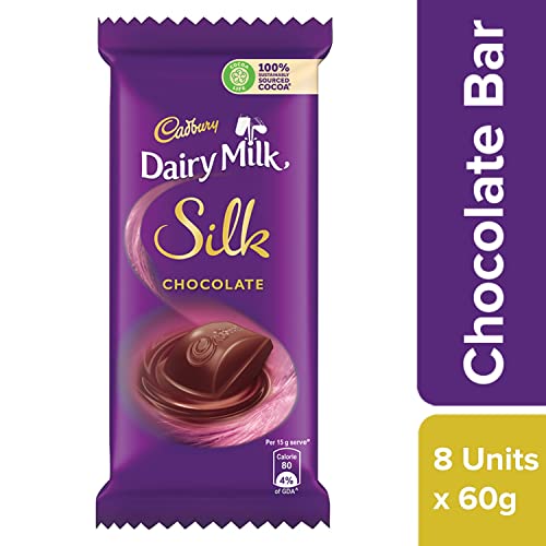 Image of Cadbury Bournville Rich Cocoa Dark Chocolate Bar, 80 Gm (Pack Of 5) & Dairy Milk Silk Hazelnut Chocolate Bar, 143 G (Pack Of 3) & Cadbury Dairy Milk Silk Chocolate Bar, 60G (Pack Of 8)