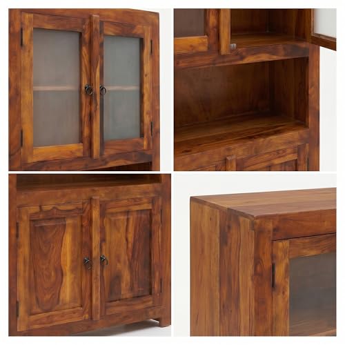 Image of SONA ART & CRAFTS Sheesham Wooden Crockery Cabinets with Glass Door | Wooden Book Shelf Cabinet with Storage Rack for Home & Office Living Room (Natural Brown)